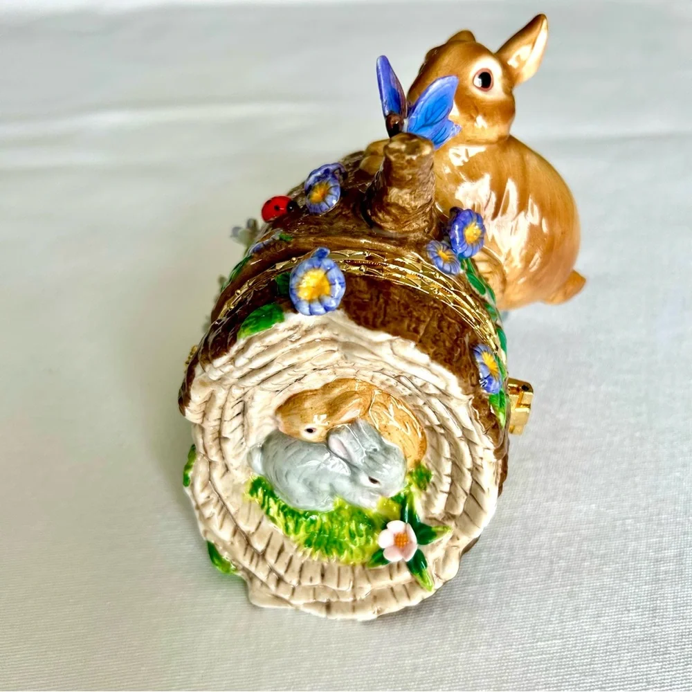 Vtg Hand Painted Porcelain Hinged Faberge Trinket Box Woodland Easter Spring